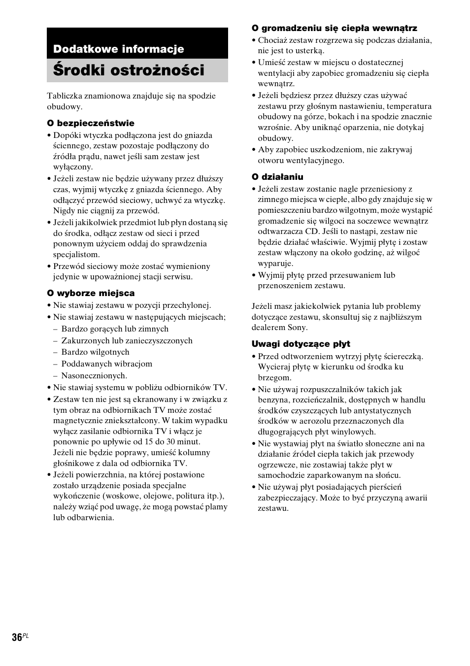 Dodatkowe informacje, Środki ostrożności | Sony NAS-CZ1 User Manual | Page 314 / 435