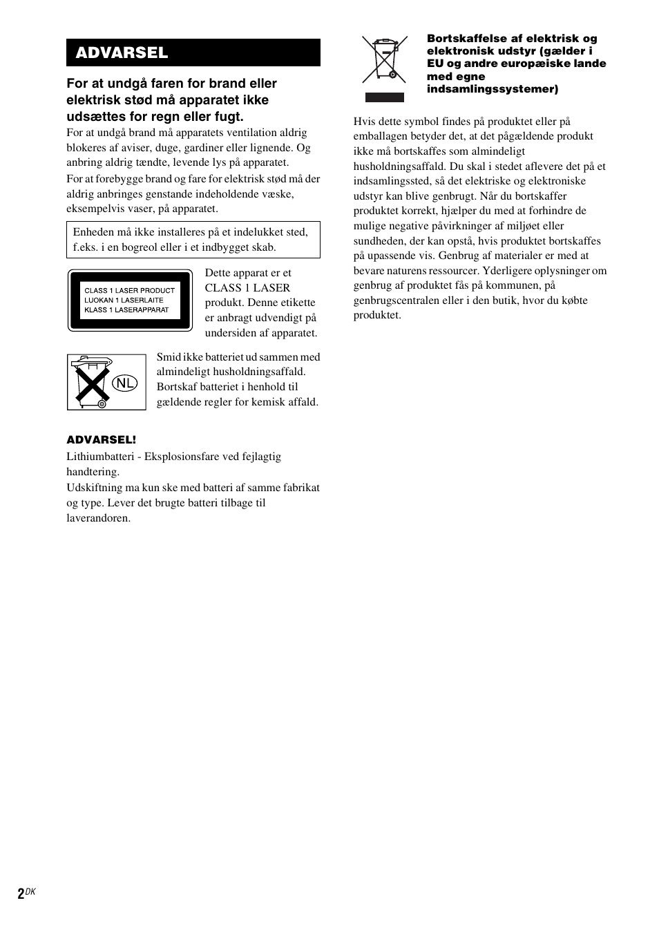 Advarsel | Sony NAS-CZ1 User Manual | Page 321 / 435