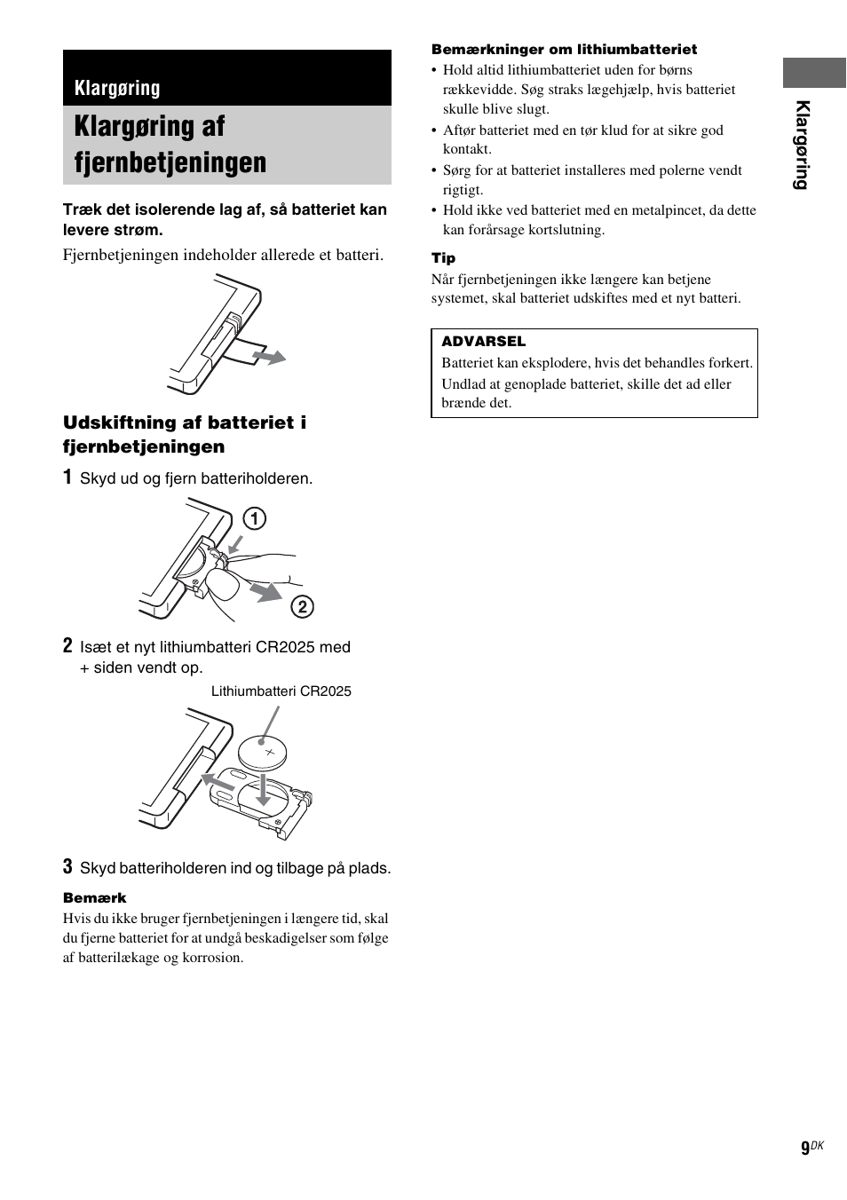 Klargøring, Klargøring af fjernbetjeningen | Sony NAS-CZ1 User Manual | Page 328 / 435