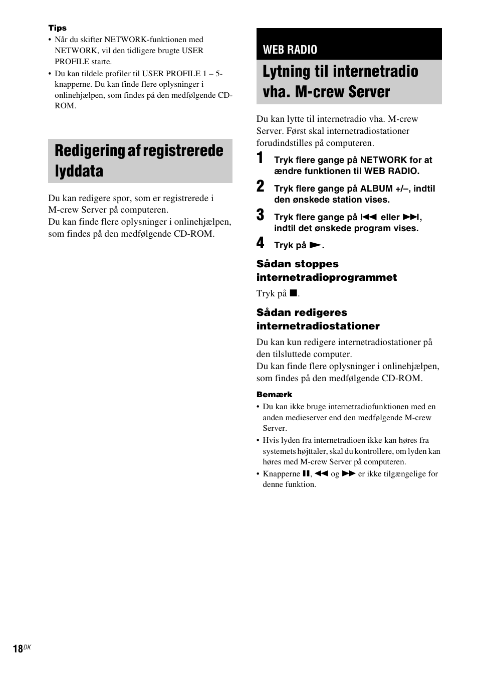 Redigering af registrerede lyddata, Web radio, Lytning til internetradio vha. m-crew server | Lytning til internetradio vha. m-crew, Server | Sony NAS-CZ1 User Manual | Page 337 / 435