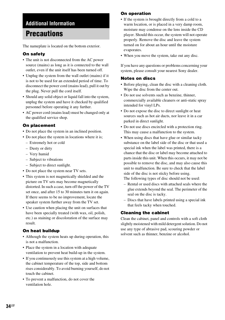 Additional information, Precautions | Sony NAS-CZ1 User Manual | Page 34 / 435