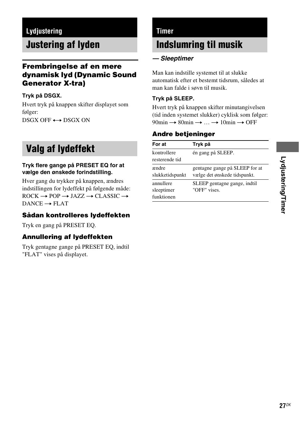 Lydjustering, Justering af lyden, Valg af lydeffekt | Timer, Indslumring til musik, Sleeptimer, Justering af lyden valg af lydeffekt | Sony NAS-CZ1 User Manual | Page 346 / 435