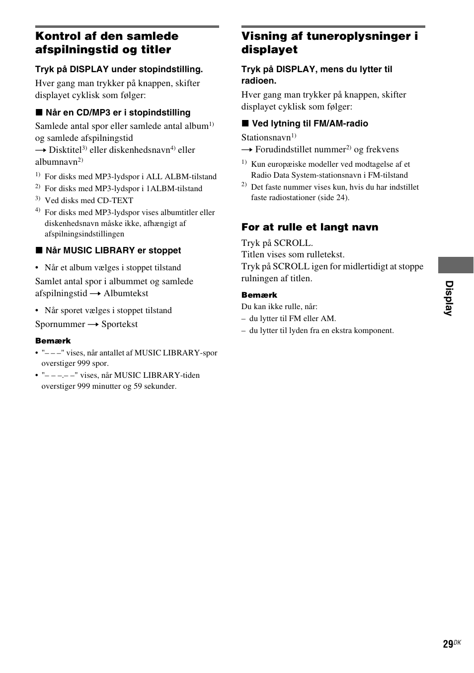 Kontrol af den samlede afspilningstid og titler, Visning af tuneroplysninger i displayet | Sony NAS-CZ1 User Manual | Page 348 / 435