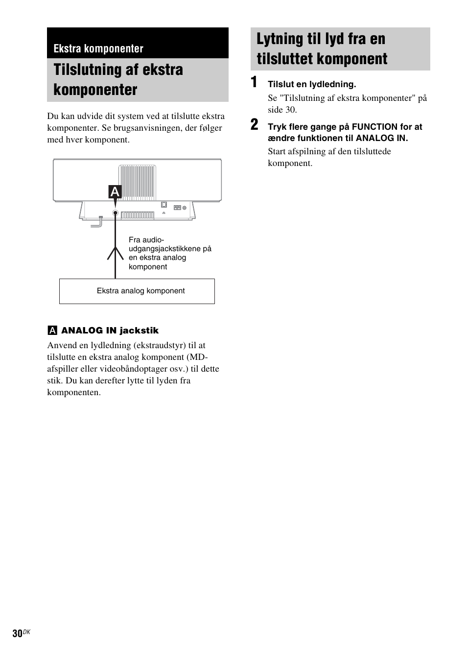 Ekstra komponenter, Tilslutning af ekstra komponenter, Lytning til lyd fra en tilsluttet komponent | Komponent | Sony NAS-CZ1 User Manual | Page 349 / 435