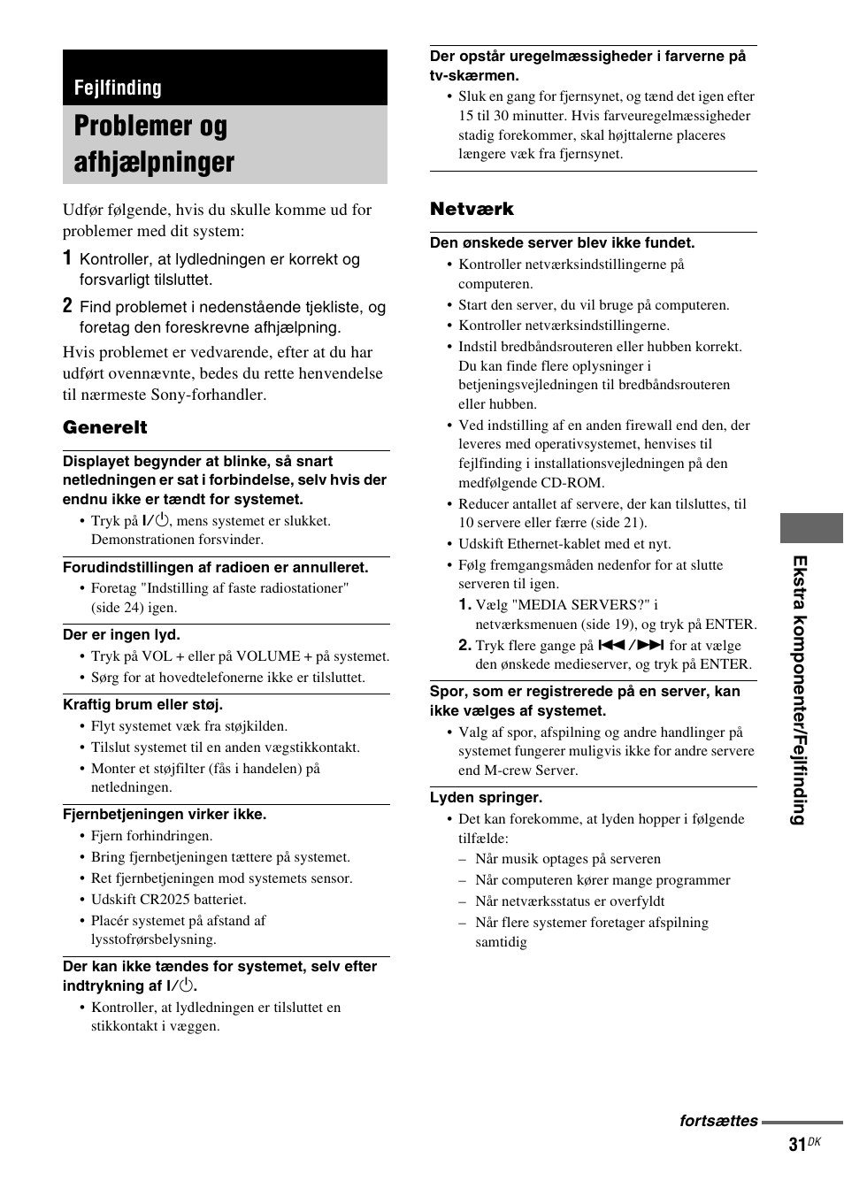 Fejlfinding, Problemer og afhjælpninger | Sony NAS-CZ1 User Manual | Page 350 / 435