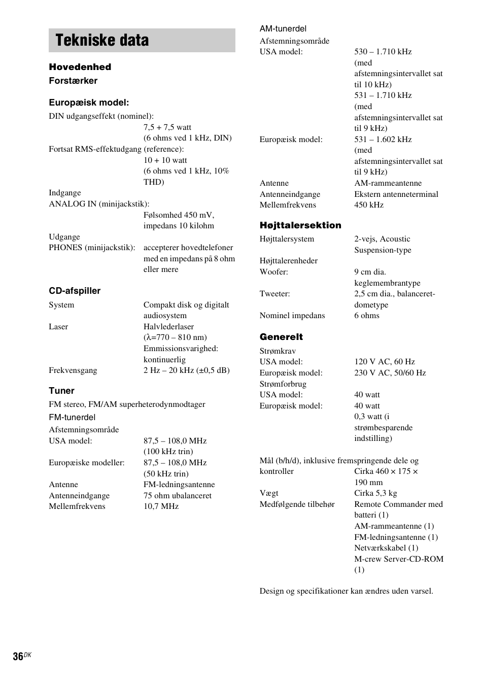 Tekniske data | Sony NAS-CZ1 User Manual | Page 355 / 435