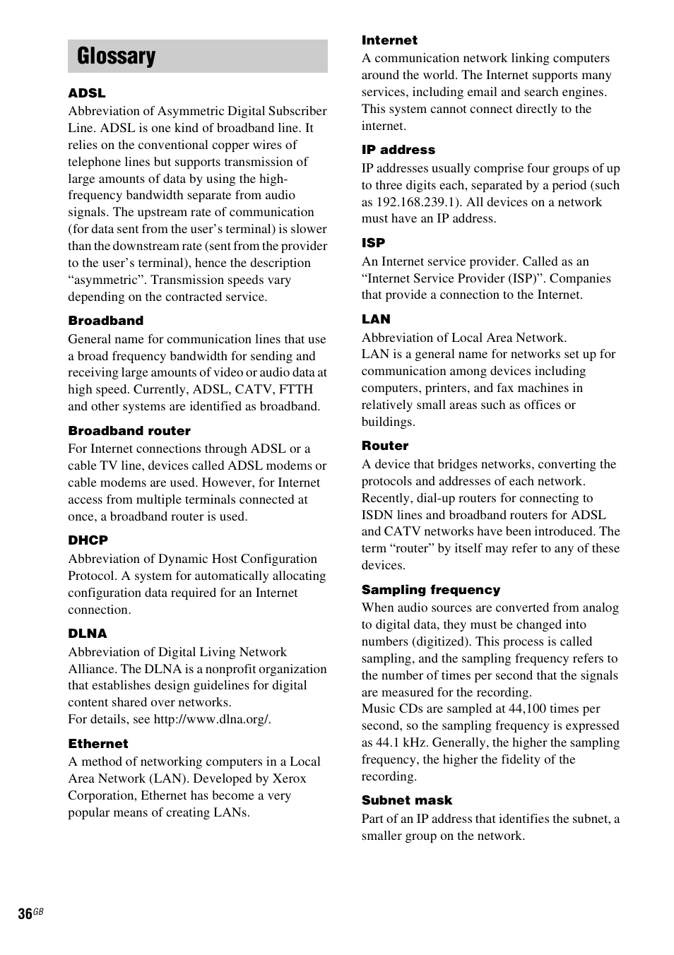 Glossary | Sony NAS-CZ1 User Manual | Page 36 / 435