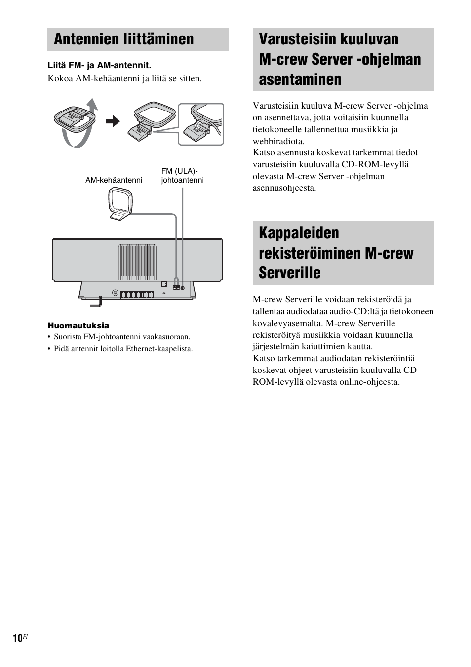 Antennien liittäminen, Kappaleiden rekisteröiminen m-crew serverille, Ohjelman asentaminen | Kappaleiden rekisteröiminen m-crew, Serverille | Sony NAS-CZ1 User Manual | Page 367 / 435