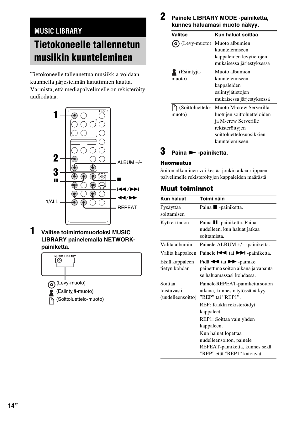 Music library, Tietokoneelle tallennetun musiikin kuunteleminen, Tietokoneelle tallennetun musiikin | Kuunteleminen | Sony NAS-CZ1 User Manual | Page 371 / 435