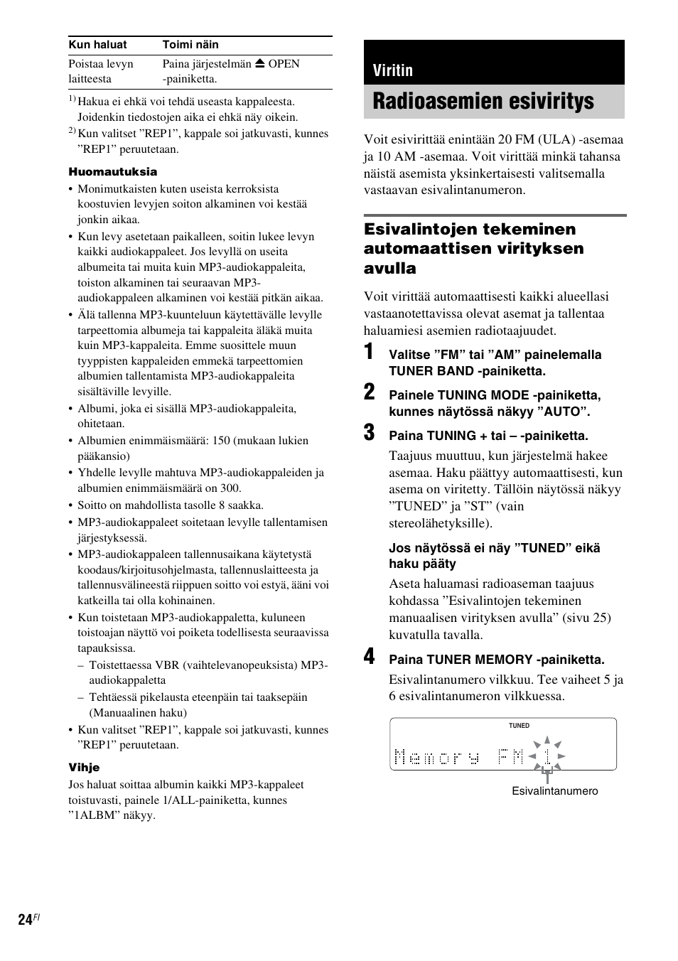 Viritin, Radioasemien esiviritys | Sony NAS-CZ1 User Manual | Page 381 / 435