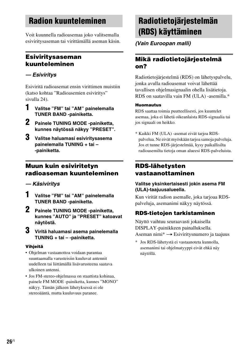 Radion kuunteleminen, Esiviritys, Käsiviritys | Radiotietojärjestelmän (rds) käyttäminen, Vain euroopan malli), Esiviritys — käsiviritys, Radiotietojärjestelmän (rds), Käyttäminen (vain euroopan malli) | Sony NAS-CZ1 User Manual | Page 383 / 435
