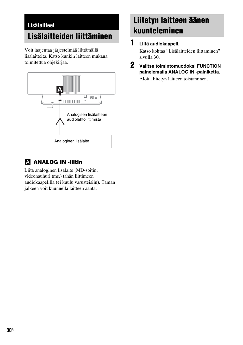 Lisälaitteet, Lisälaitteiden liittäminen, Liitetyn laitteen äänen kuunteleminen | Lisälaitteiden liittäminen liitetyn laitteen äänen, Kuunteleminen | Sony NAS-CZ1 User Manual | Page 387 / 435