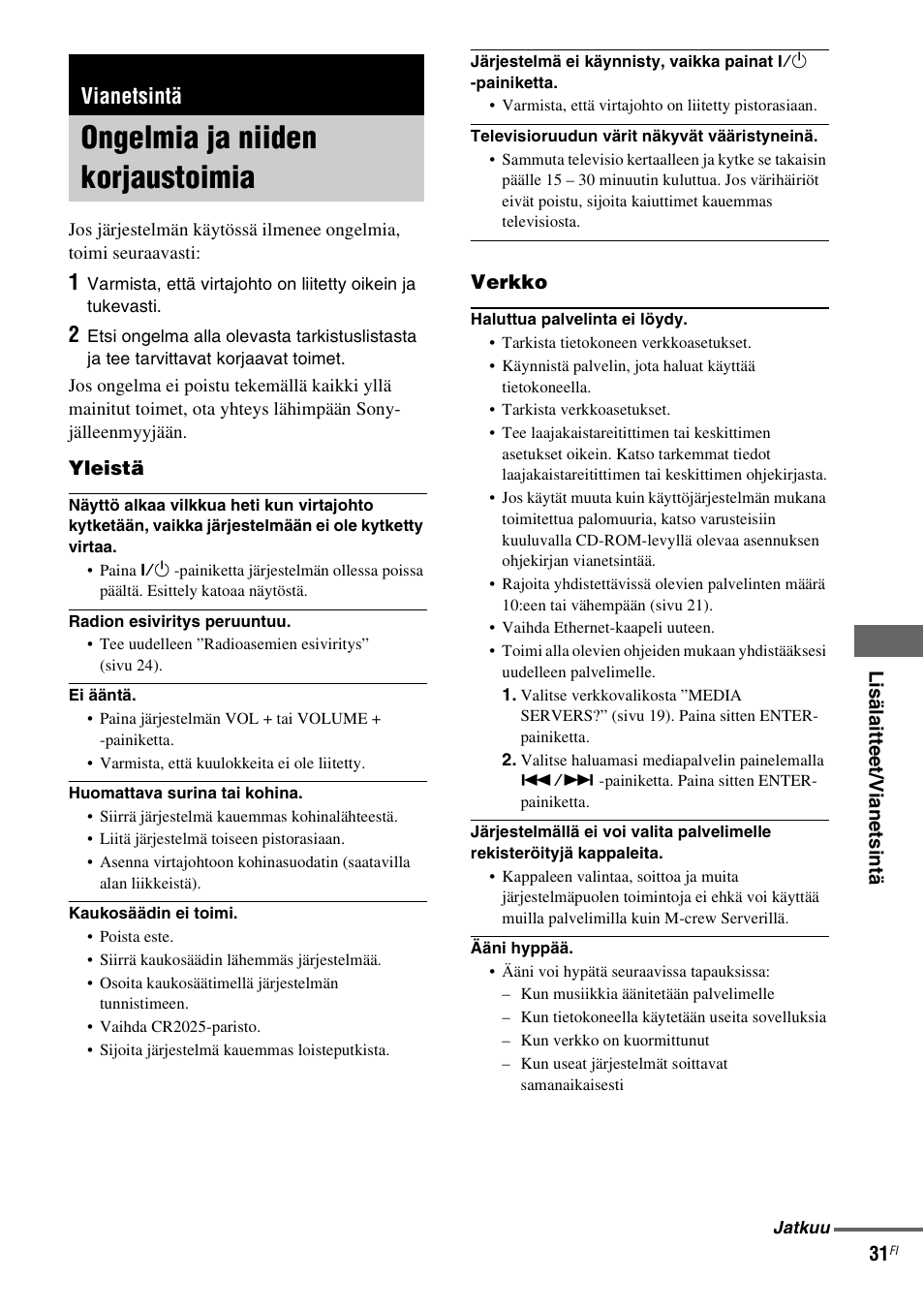 Vianetsintä, Ongelmia ja niiden korjaustoimia | Sony NAS-CZ1 User Manual | Page 388 / 435