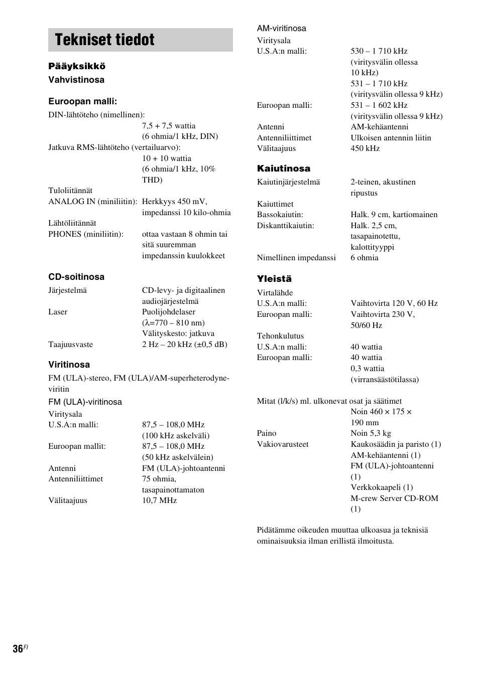 Tekniset tiedot | Sony NAS-CZ1 User Manual | Page 393 / 435