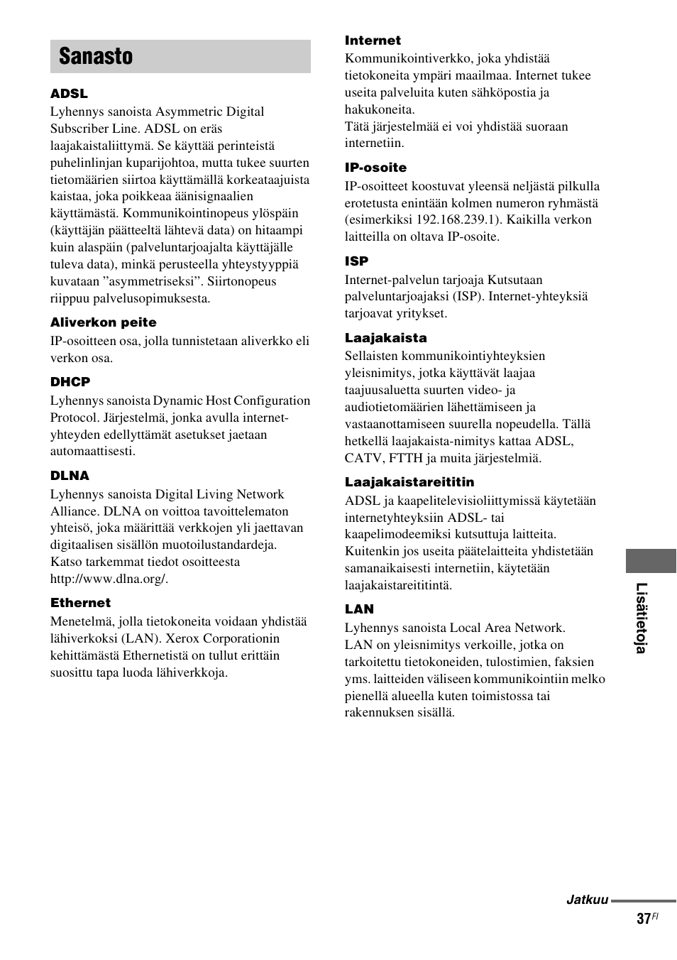 Sanasto | Sony NAS-CZ1 User Manual | Page 394 / 435