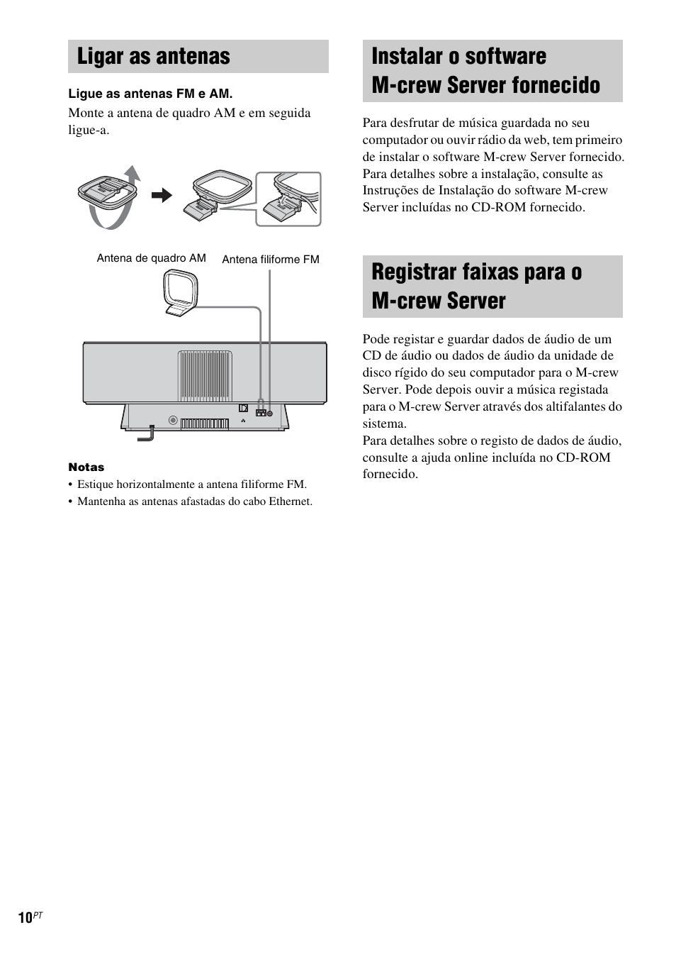 Ligar as antenas, Instalar o software m-crew server fornecido, Registrar faixas para o m-crew server | Ligar as antenas instalar o software m-crew server, Fornecido, Registrar faixas para o m-crew, Server | Sony NAS-CZ1 User Manual | Page 406 / 435