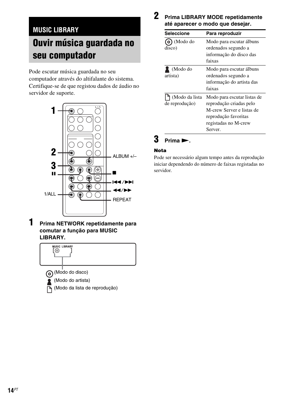 Music library, Ouvir música guardada no seu computador, Ouvir música guardada no seu | Computador, Ouvir música guardada no seu computador 1 2 3 | Sony NAS-CZ1 User Manual | Page 410 / 435