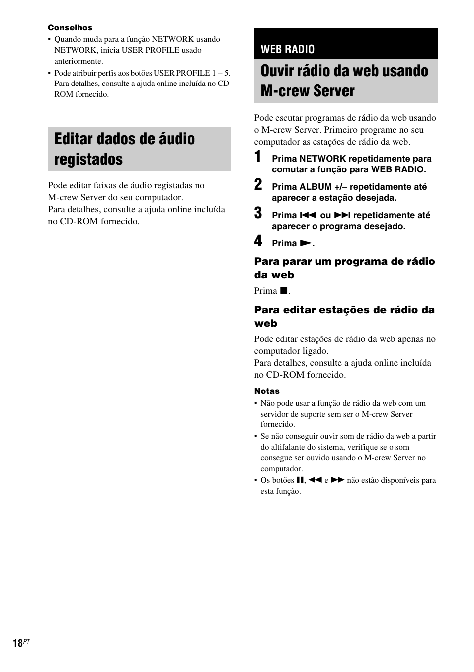 Editar dados de áudio registados, Web radio, Ouvir rádio da web usando m-crew server | Ouvir rádio da web usando, M-crew server | Sony NAS-CZ1 User Manual | Page 414 / 435