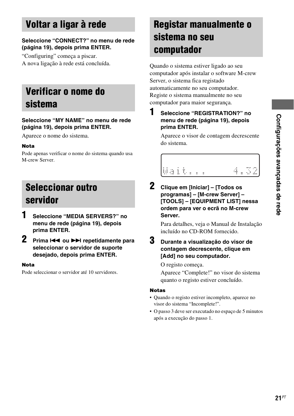 Voltar a ligar à rede, Verificar o nome do sistema, Seleccionar outro servidor | Registar manualmente o sistema no seu computador, Computador, Registar manualmente o | Sony NAS-CZ1 User Manual | Page 417 / 435