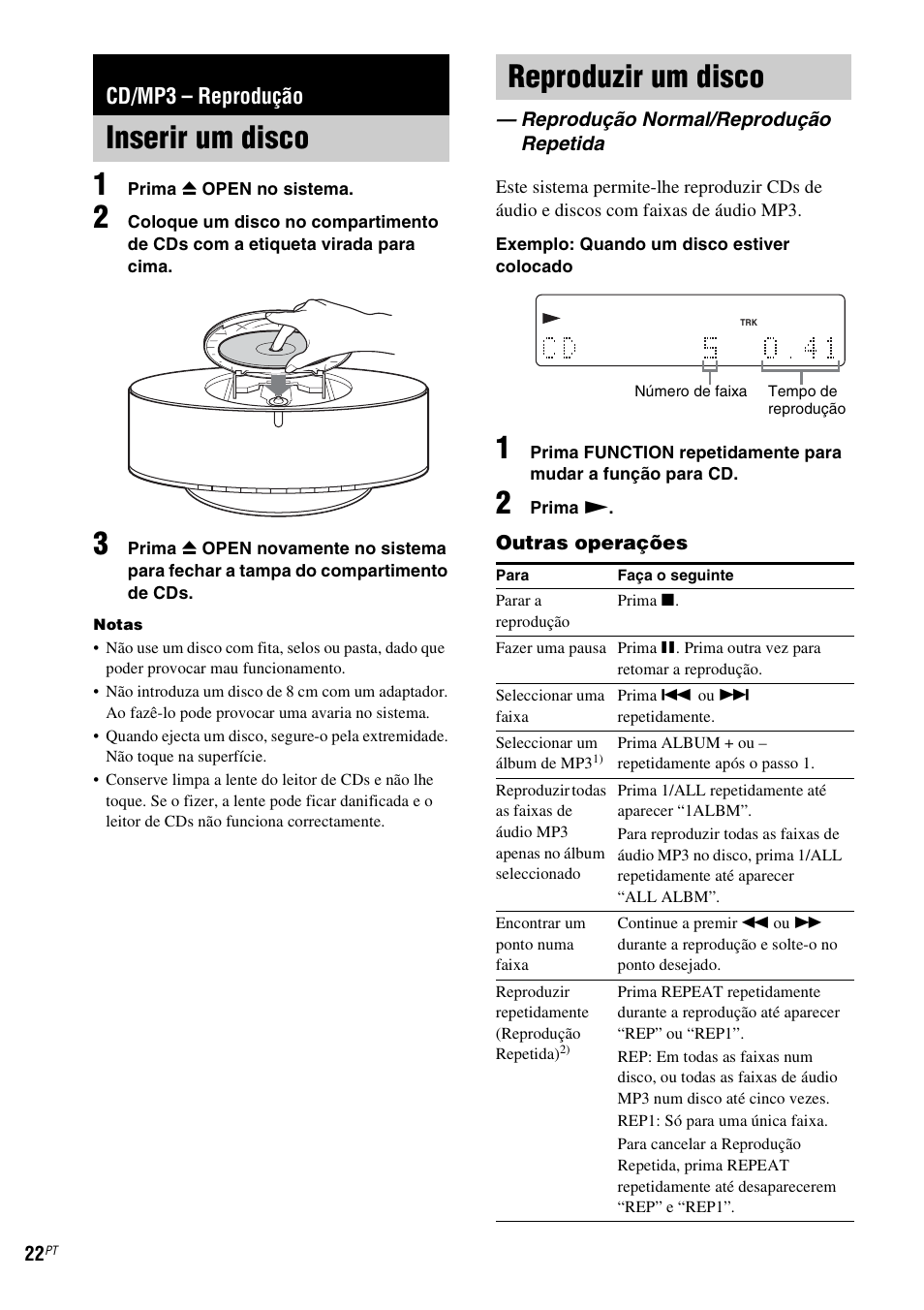 Cd/mp3 - reprodução, Inserir um disco, Reproduzir um disco | Reprodução normal/reprodução repetida, Cd/mp3 – reprodução, Inserir um disco reproduzir um disco, Reprodução normal/ reprodução repetida | Sony NAS-CZ1 User Manual | Page 418 / 435