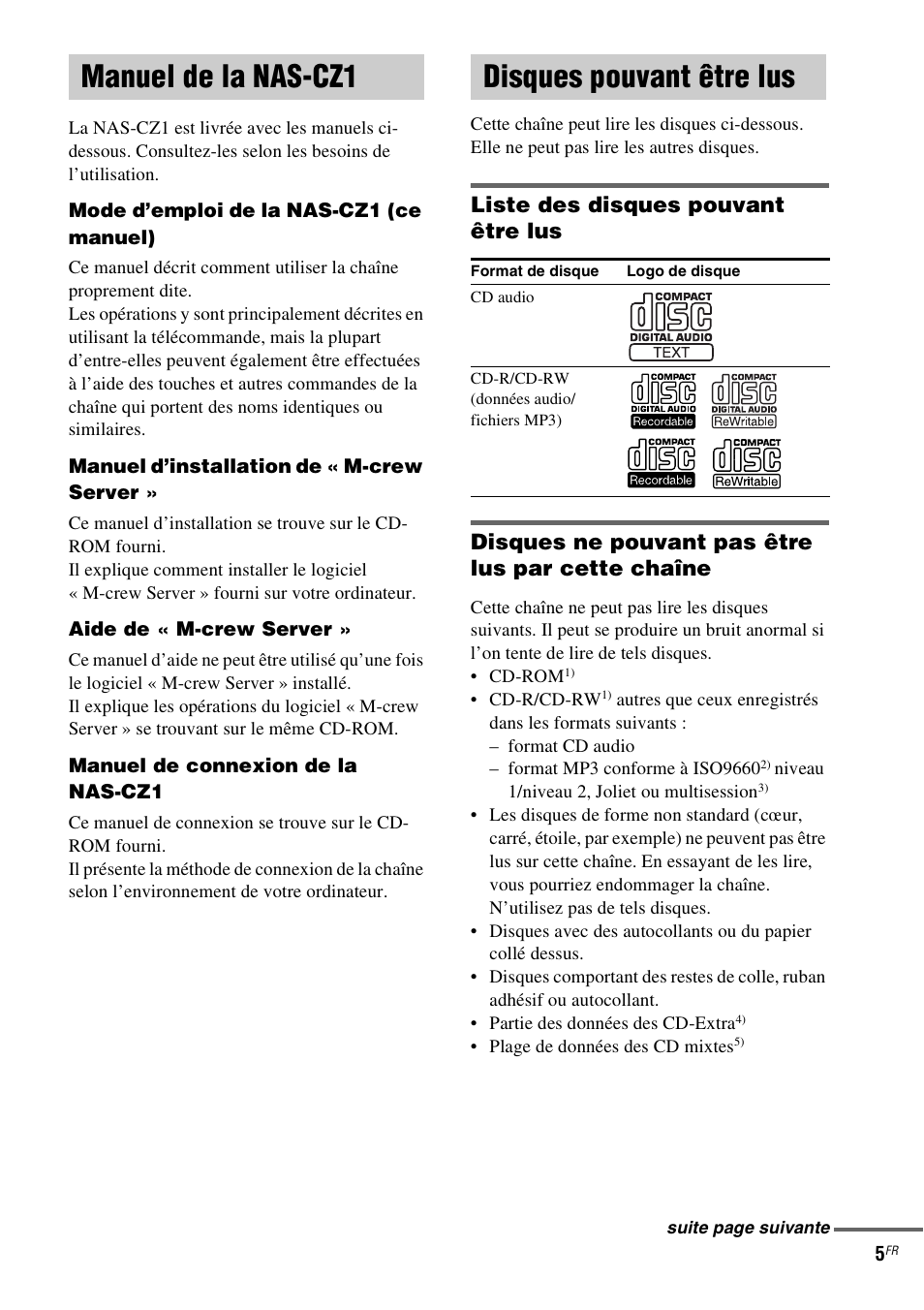 Manuel de la nas-cz1, Disques pouvant être lus, Manuel de la nas-cz1 disques pouvant être lus | Sony NAS-CZ1 User Manual | Page 42 / 435