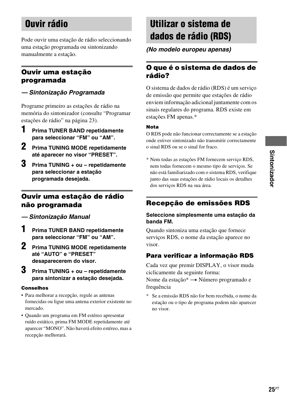 Ouvir rádio, Sintonização programada, Sintonização manual | Utilizar o sistema de dados de rádio (rds), No modelo europeu apenas), Sintonização programada — sintonização manual, Utilizar o sistema de dados de rádio, Rds) (no modelo europeu apenas) | Sony NAS-CZ1 User Manual | Page 421 / 435