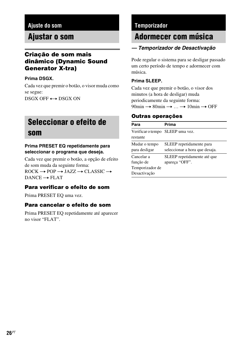 Ajuste do som, Ajustar o som, Seleccionar o efeito de som | Temporizador, Adormecer com música, Temporizador de desactivação, Ajustar o som seleccionar o efeito de som | Sony NAS-CZ1 User Manual | Page 422 / 435
