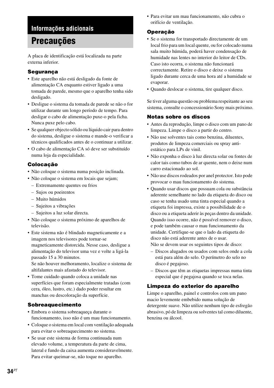 Informações adicionais, Precauções | Sony NAS-CZ1 User Manual | Page 430 / 435