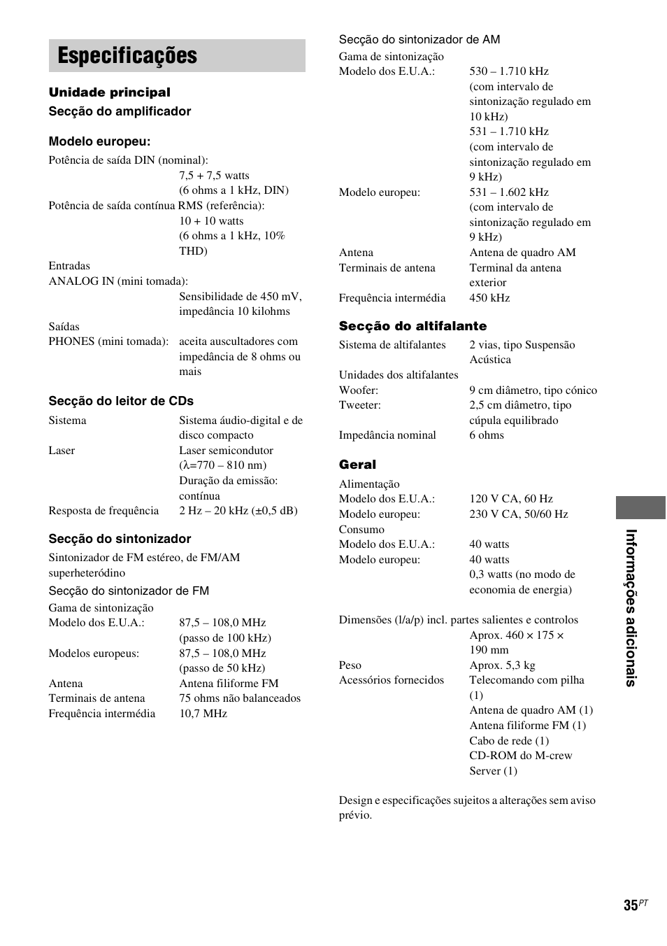 Especificações | Sony NAS-CZ1 User Manual | Page 431 / 435