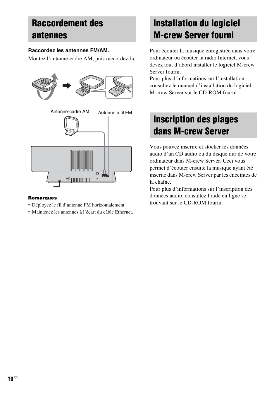 Raccordement des antennes, Installation du logiciel m-crew server fourni, Inscription des plages dans m-crew server | Fourni, Inscription des plages dans, M-crew server | Sony NAS-CZ1 User Manual | Page 47 / 435