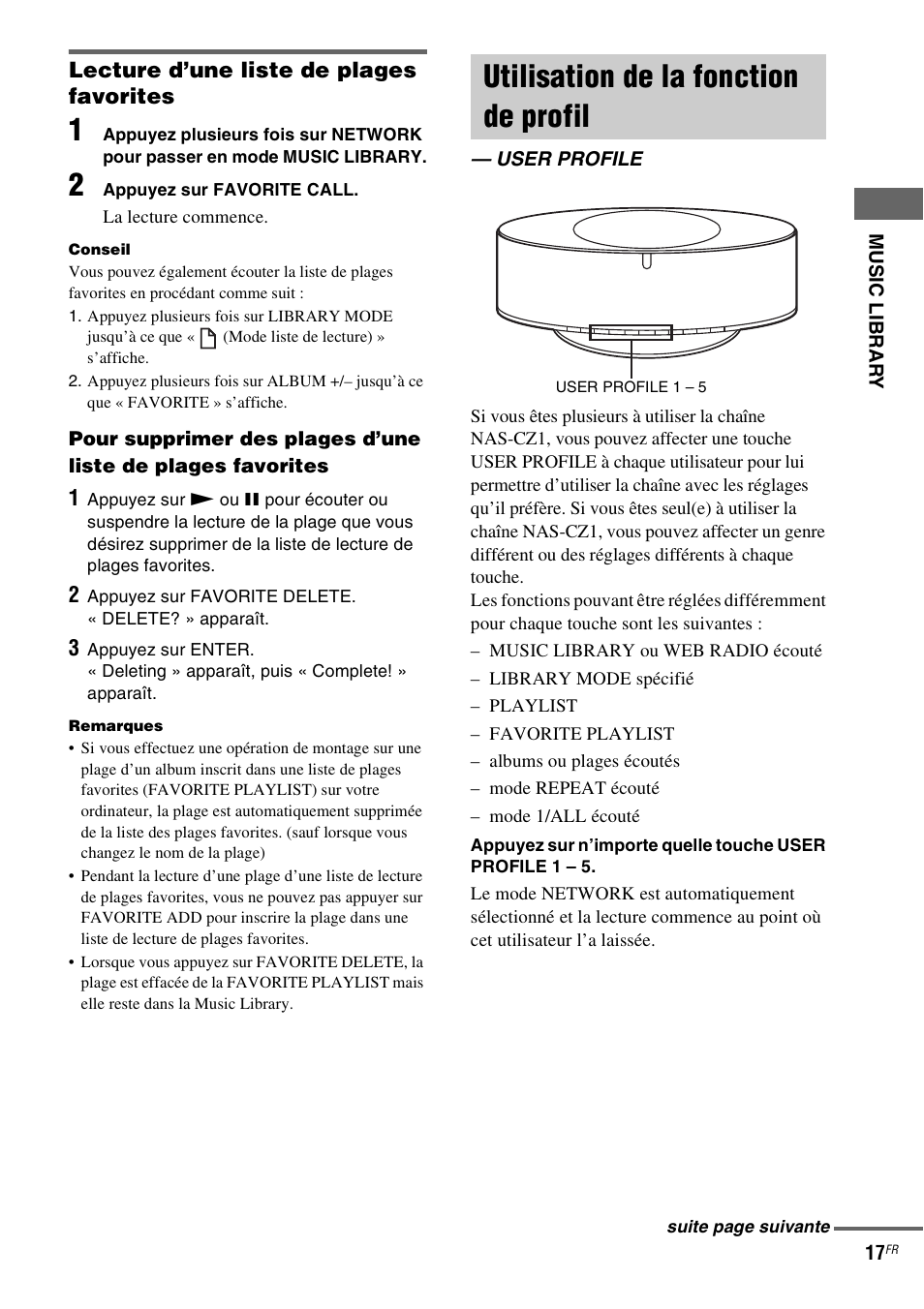 Utilisation de la fonction de profil, User profile | Sony NAS-CZ1 User Manual | Page 54 / 435