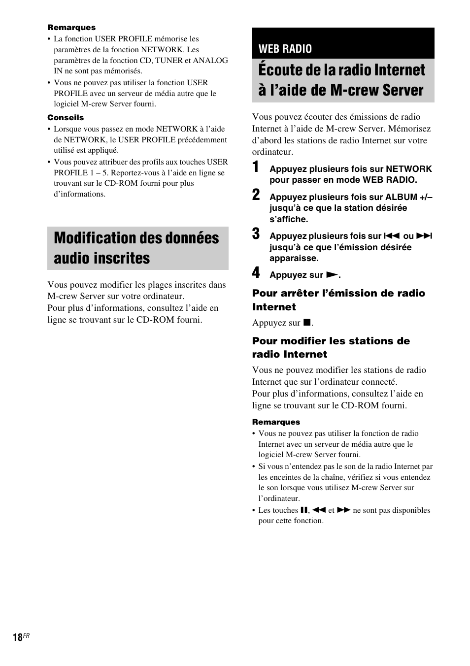 Modification des données audio inscrites, Web radio, Modification des données audio | Inscrites, Écoute de la radio internet à l’aide de, M-crew server | Sony NAS-CZ1 User Manual | Page 55 / 435