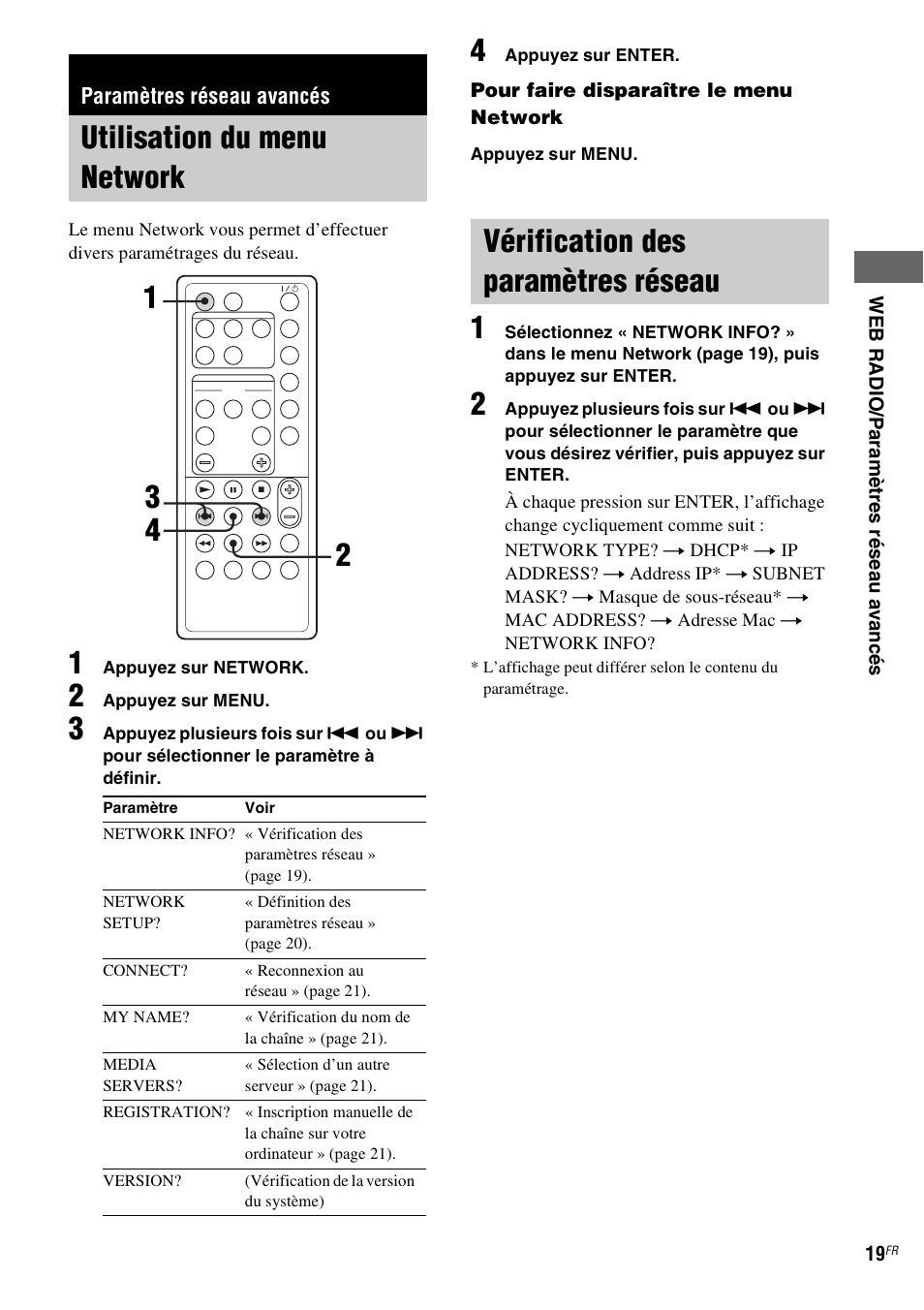 Paramètres réseau avancés, Utilisation du menu network, Vérification des paramètres réseau | 13 2 4 vérification des paramètres réseau | Sony NAS-CZ1 User Manual | Page 56 / 435