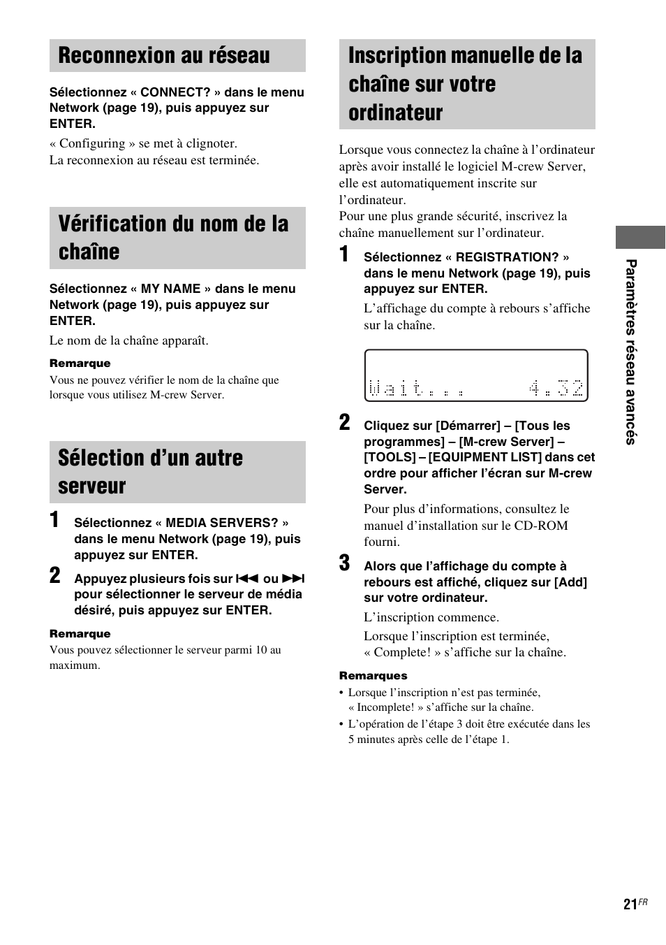 Reconnexion au réseau, Vérification du nom de la chaîne, Sélection d’un autre serveur | Ordinateur, Inscription manuelle de | Sony NAS-CZ1 User Manual | Page 58 / 435