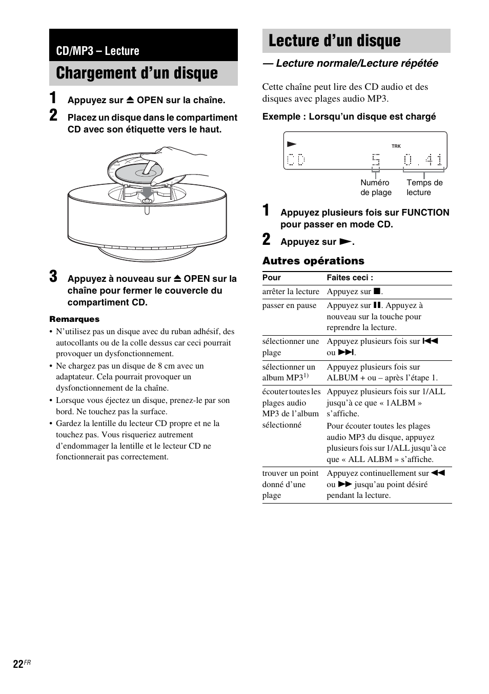 Cd/mp3 - lecture, Chargement d’un disque, Lecture d’un disque | Lecture normale/lecture répétée, Cd/mp3 – lecture, Chargement d’un disque lecture d’un disque, Lecture normale/ lecture répétée | Sony NAS-CZ1 User Manual | Page 59 / 435