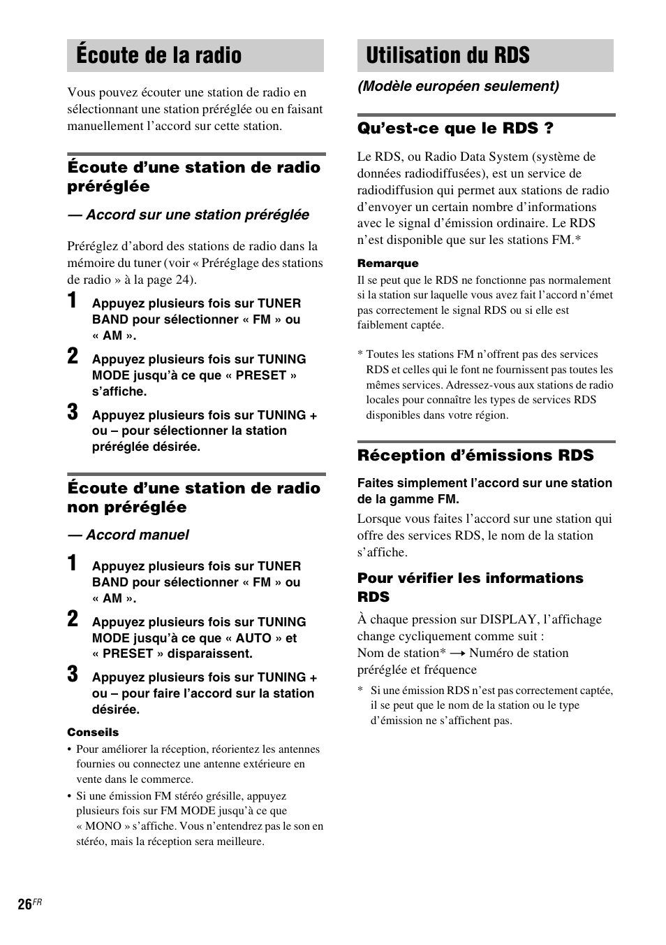 Écoute de la radio, Accord sur une station préréglée, Accord manuel | Utilisation du rds, Modèle européen seulement), Accord sur une station préréglée — accord manuel, Écoute de la radio utilisation du rds | Sony NAS-CZ1 User Manual | Page 63 / 435
