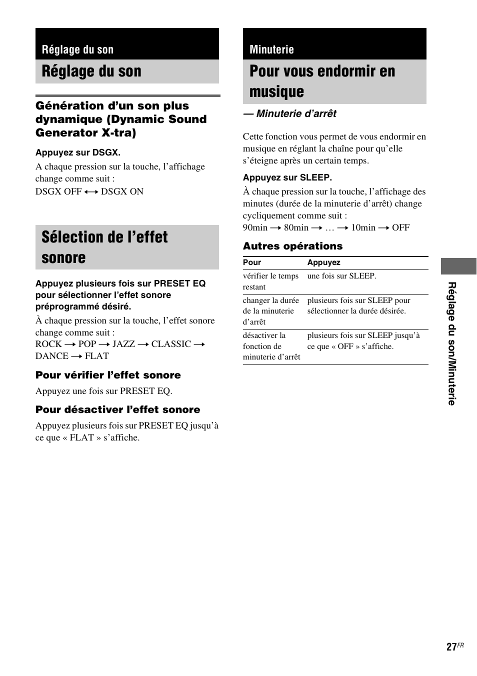 Réglage du son, Sélection de l’effet sonore, Minuterie | Pour vous endormir en musique, Minuterie d’arrêt, Réglage du son sélection de l’effet sonore | Sony NAS-CZ1 User Manual | Page 64 / 435