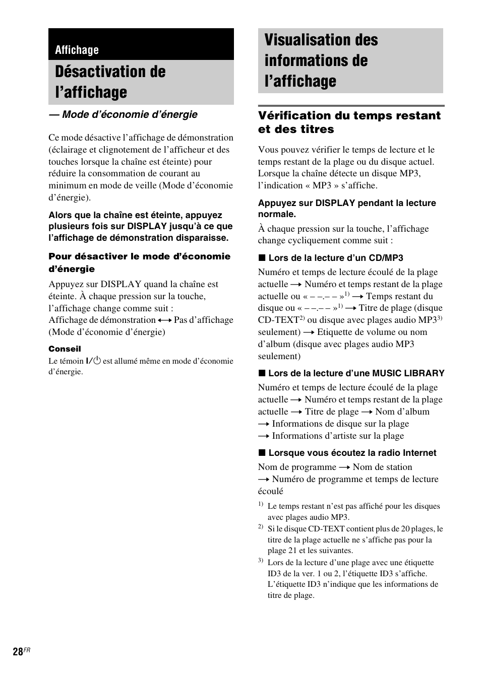 Affichage, Désactivation de l’affichage, Mode d’économie d’énergie | Visualisation des informations de l’affichage, Visualisation des informations de, L’affichage, Vérification du temps restant et des titres | Sony NAS-CZ1 User Manual | Page 65 / 435