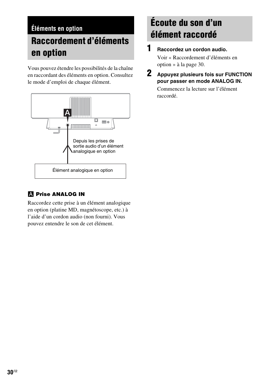 Éléments en option, Raccordement d’éléments en option, Écoute du son d’un élément raccordé | Sony NAS-CZ1 User Manual | Page 67 / 435