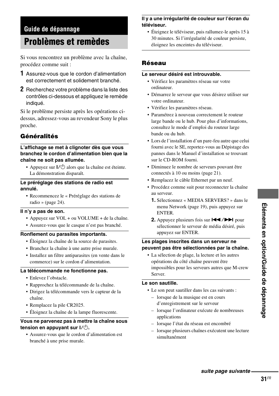 Guide de dépannage, Problèmes et remèdes | Sony NAS-CZ1 User Manual | Page 68 / 435