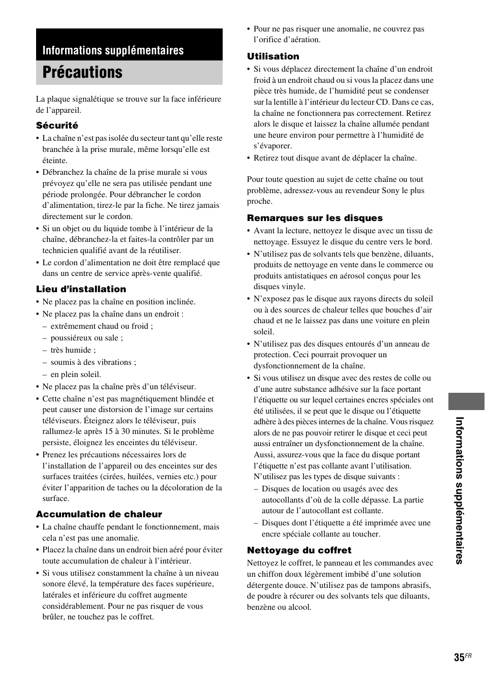 Informations supplémentaires, Précautions | Sony NAS-CZ1 User Manual | Page 72 / 435