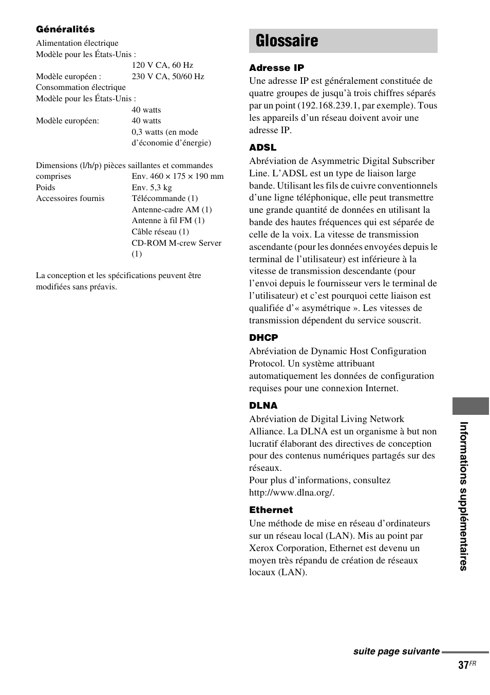 Glossaire | Sony NAS-CZ1 User Manual | Page 74 / 435