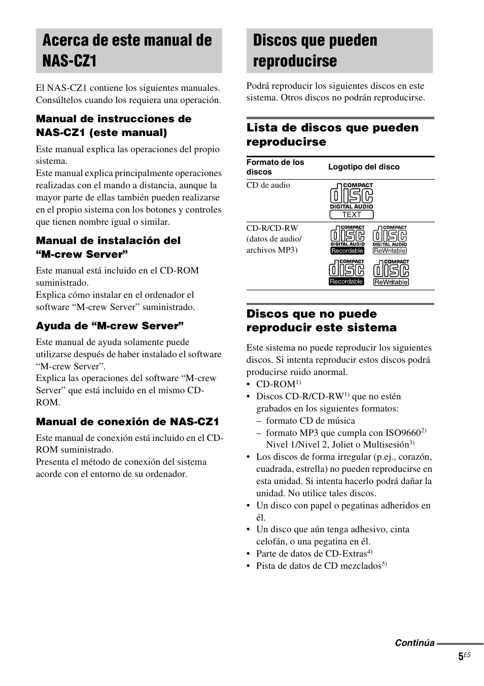 Acerca de este manual de nas-cz1, Discos que pueden reproducirse | Sony NAS-CZ1 User Manual | Page 81 / 435
