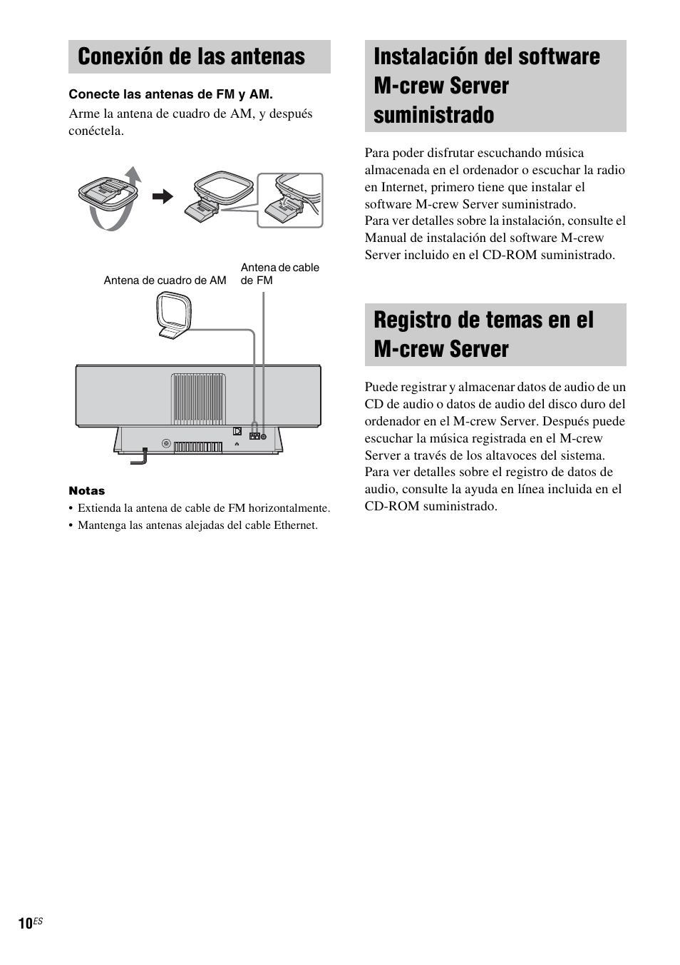 Conexión de las antenas, Registro de temas en el m-crew server, Suministrado | Registro de temas en el m-crew, Server | Sony NAS-CZ1 User Manual | Page 86 / 435