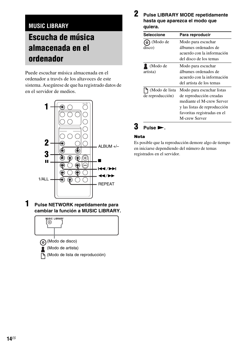 Music library, Escucha de música almacenada en el ordenador, Escucha de música almacenada en el | Ordenador, Escucha de música almacenada en el ordenador 1 2 3 | Sony NAS-CZ1 User Manual | Page 90 / 435