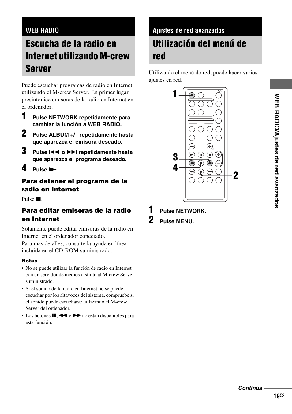 Web radio, Ajustes de red avanzados, Utilización del menú de red | Escucha de la radio en internet utilizando, M-crew server, Utilización del menú de red 1 3 2 4 | Sony NAS-CZ1 User Manual | Page 95 / 435