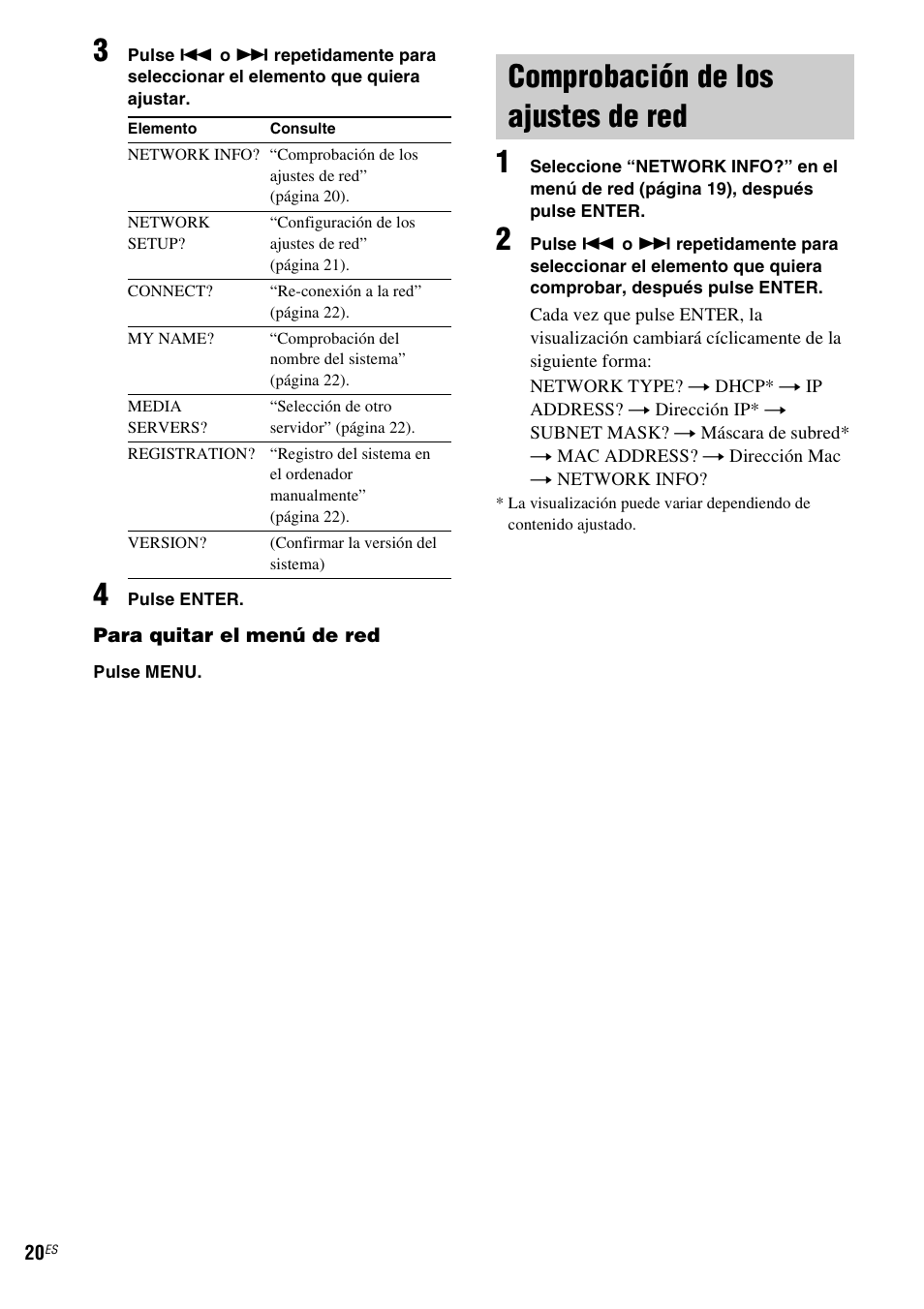 Comprobación de los ajustes de red | Sony NAS-CZ1 User Manual | Page 96 / 435