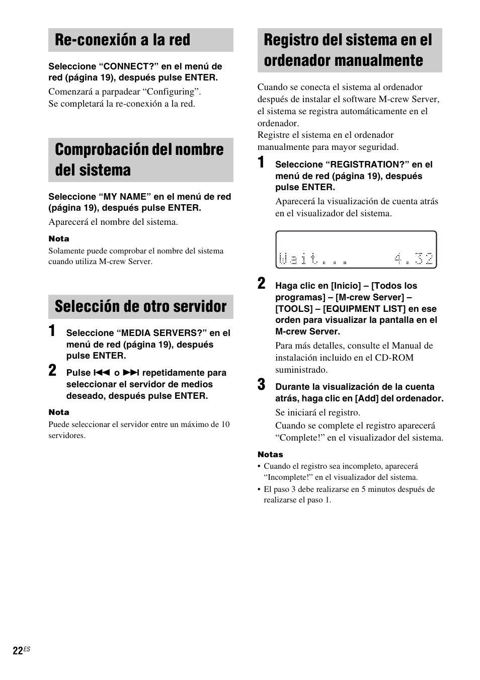 Re-conexión a la red, Comprobación del nombre del sistema, Selección de otro servidor | Registro del sistema en el ordenador manualmente, Re-conexión a la red comprobación del nombre del, Sistema, Manualmente | Sony NAS-CZ1 User Manual | Page 98 / 435