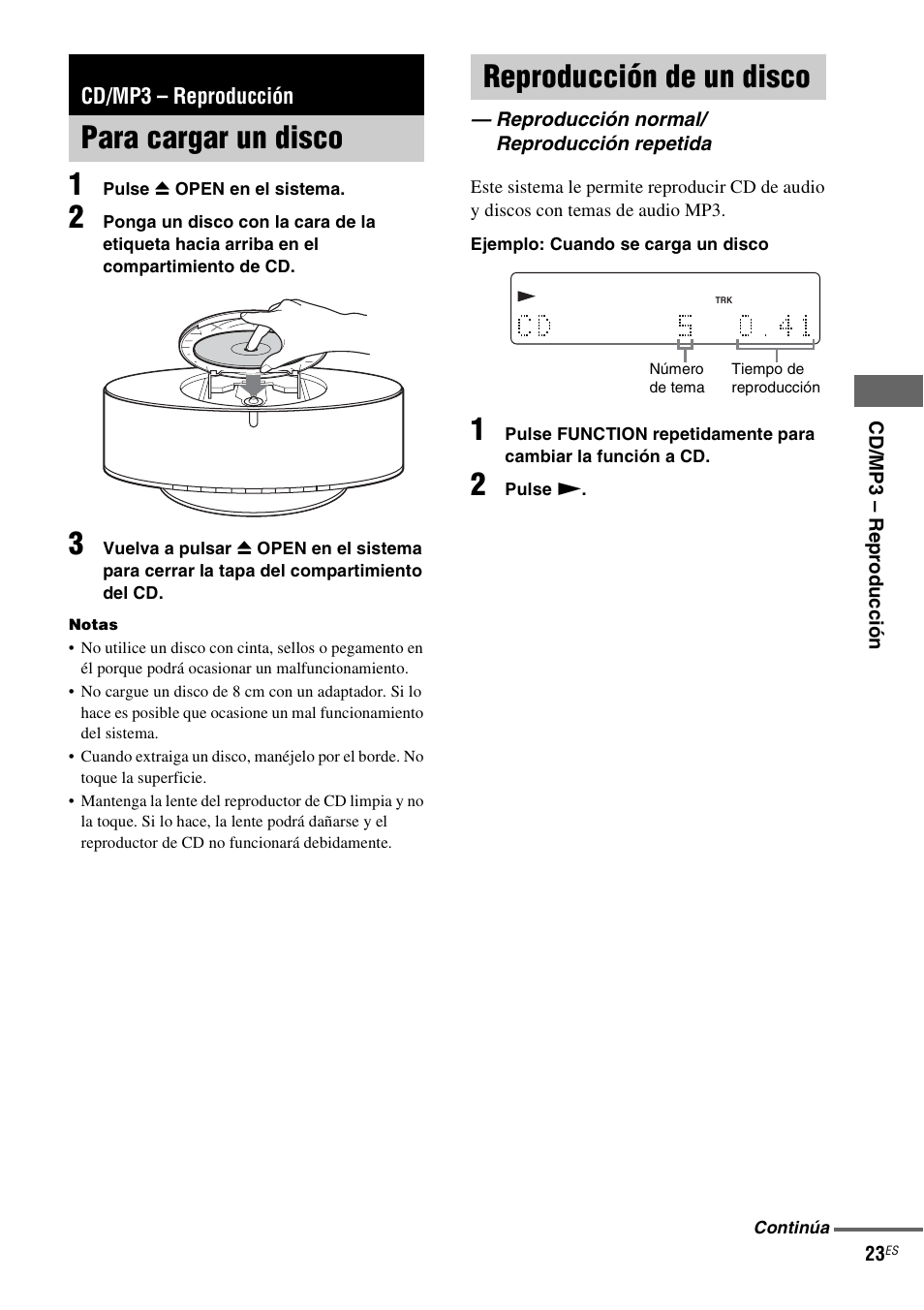 Cd/mp3 - reproducción, Para cargar un disco, Reproducción de un disco | Reproducción normal/reproducción repetida, Cd/mp3 – reproducción, Para cargar un disco reproducción de un disco, Reproducción normal/ reproducción repetida | Sony NAS-CZ1 User Manual | Page 99 / 435