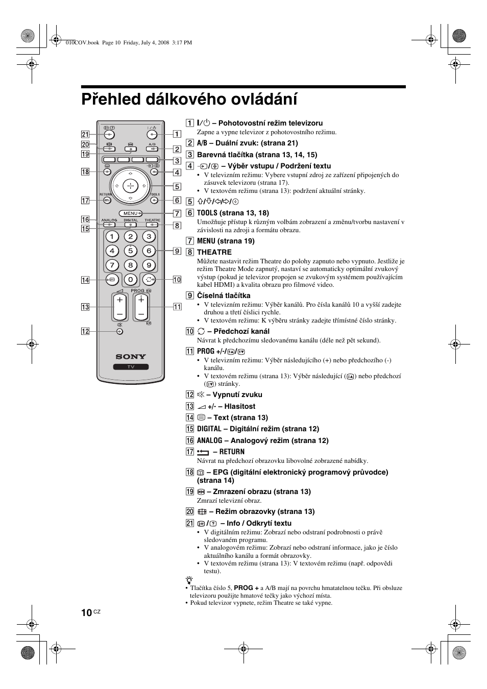 Přehled dálkového ovládání | Sony KDL-32V4000 User Manual | Page 100 / 181